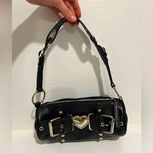 Y2K Kawaii Black Handbag Satchel Top-Handle Purse Punk Goth Silver Heart Barrel